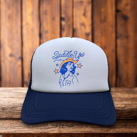 Saddle Up Unisex Trucker Hat Navy Snapback Retro Cowgirl Western Baseball Cap - Picture 1 of 4